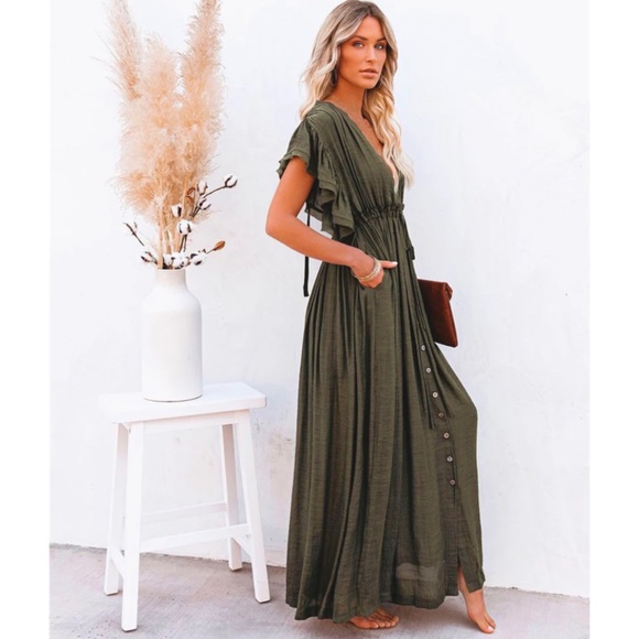 Olive Green Gauze Boho Button Maxi Coverup Dress - Picture 5 of 5